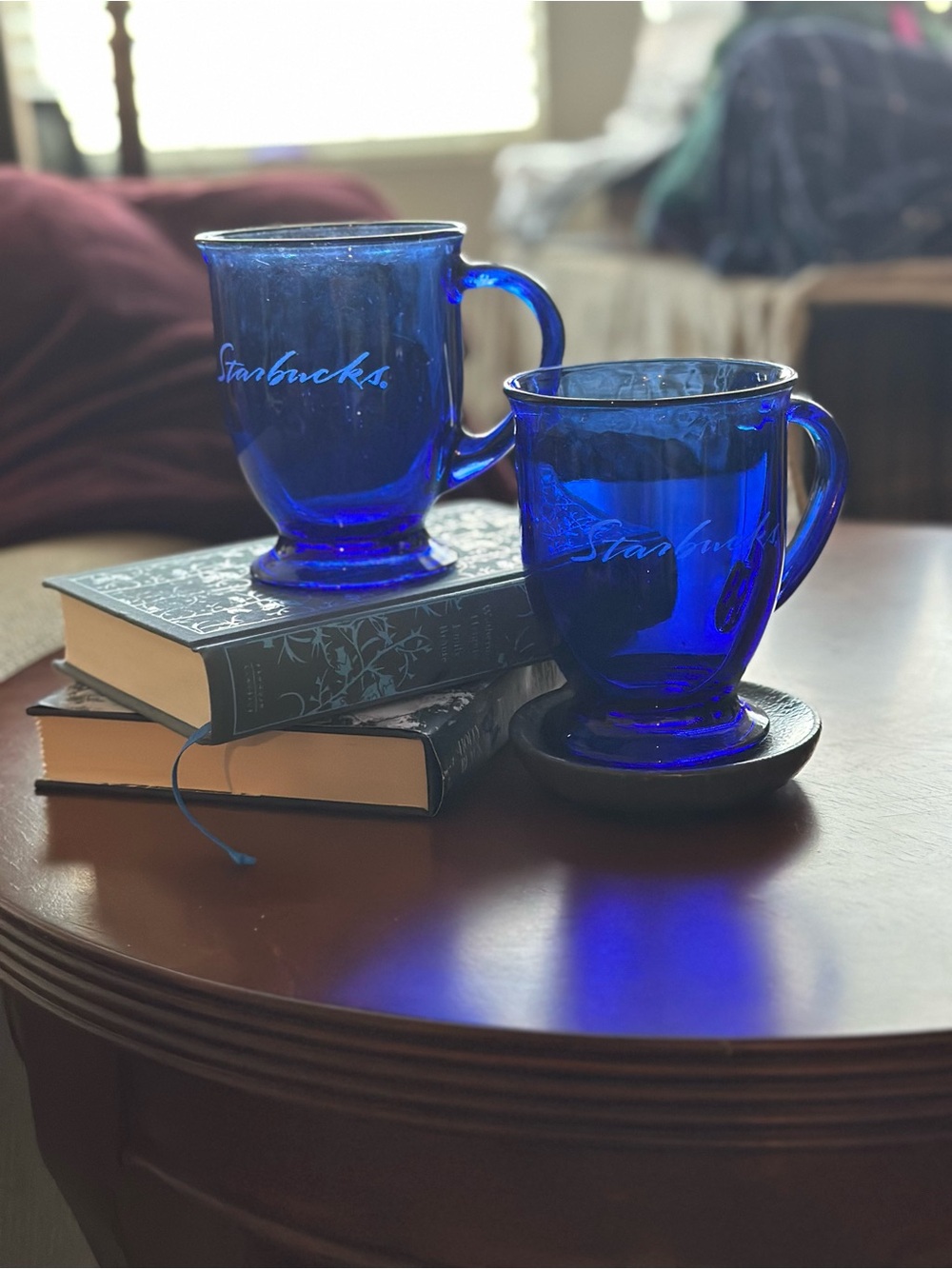 Vintage Starbucks Cobalt Blue Glass Pedestal Mugs - Set of 2 (Anchor Hocking)
